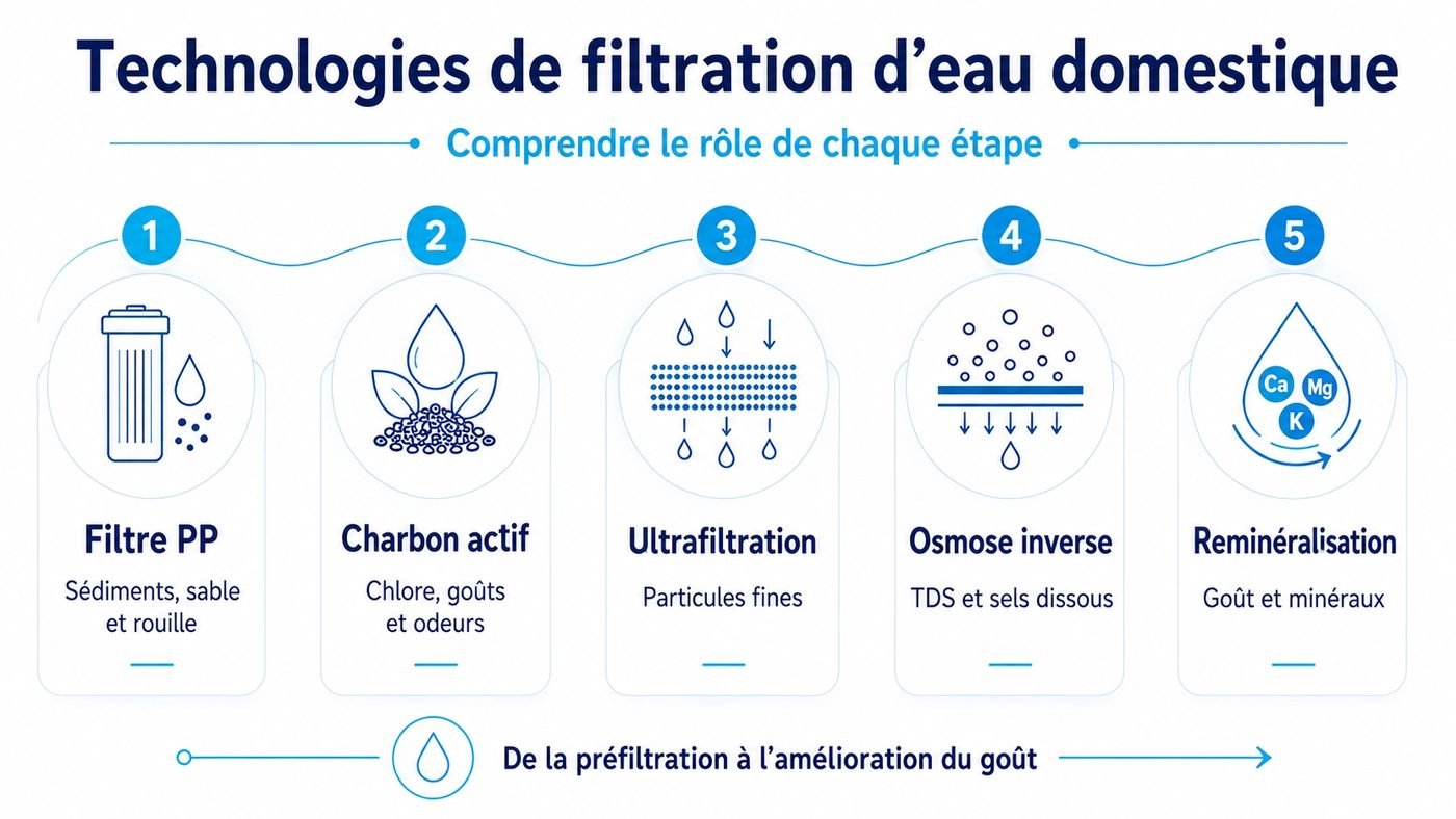 Technologies de filtration d’eau domestique au Maroc : filtre PP, charbon actif, ultrafiltration, osmose inverse et reminéralisation